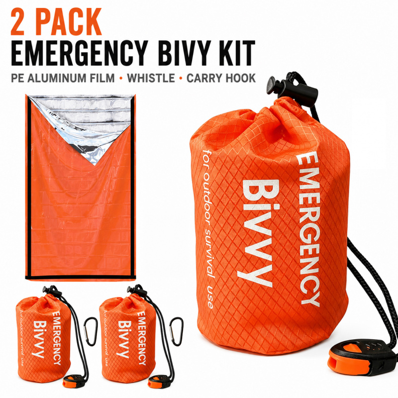 Emergency Whistle Loud - 2パック緊急用寝袋、PEアルミフィルムビビーサック、プレミアムポーチ、ホイッスル、キャリーフック付き、キャンプ、ハイキング、車用
