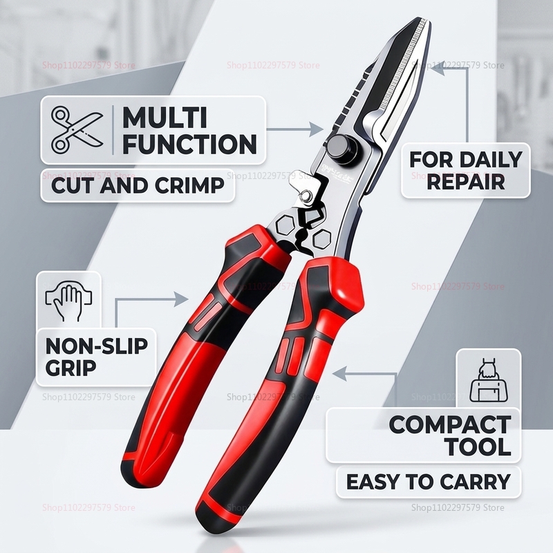 Multi Tool Plier - 多機能電気技師用はさみ、ワイヤーカッター、圧着工具、ヘビーデューティーケーブル切断プライヤー（電気工事、金属板用）
